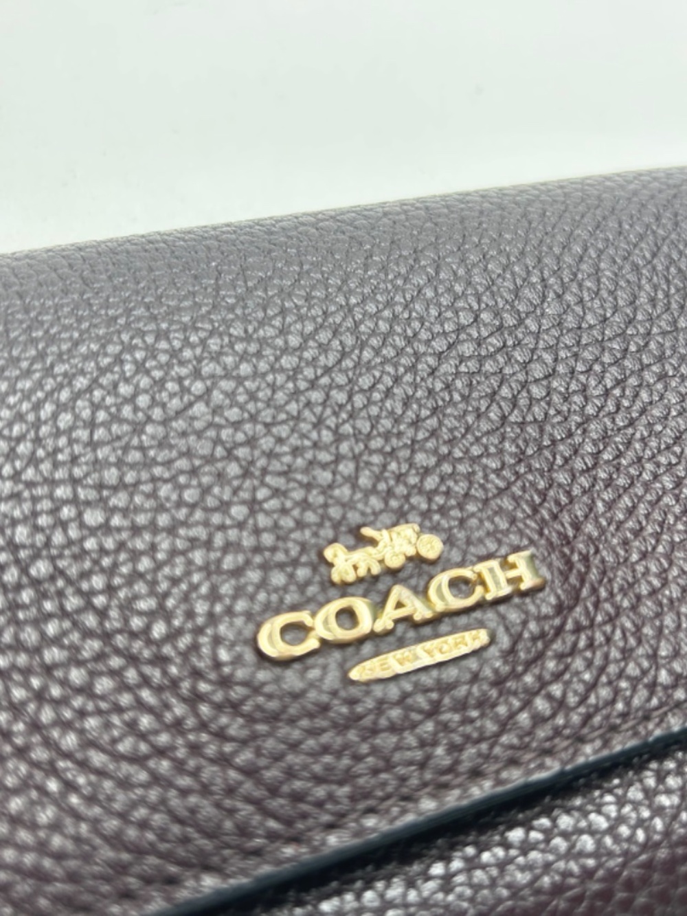 COACH Trifold Polished Pebble Leather Wallet Oxblood #39745 Soft Slim